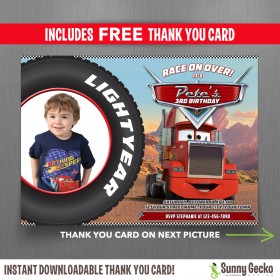 Cars Mack 7x5 in. Birthday Party Invitation with FREE editable Thank you Card
